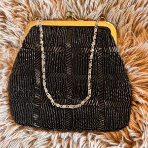 Bijoux Terner Black Beaded And Satin Kisslock Bag with Metal Frame